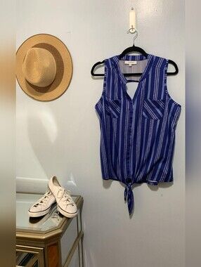 Casual Tie-Front Sleeveless Top - Blue Stripes